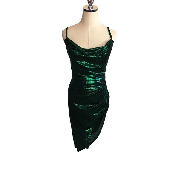 Micas Dress Women’s Size Large Green Metallic Ruched Spaghetti Strap Midi - Picture 1 of 7
